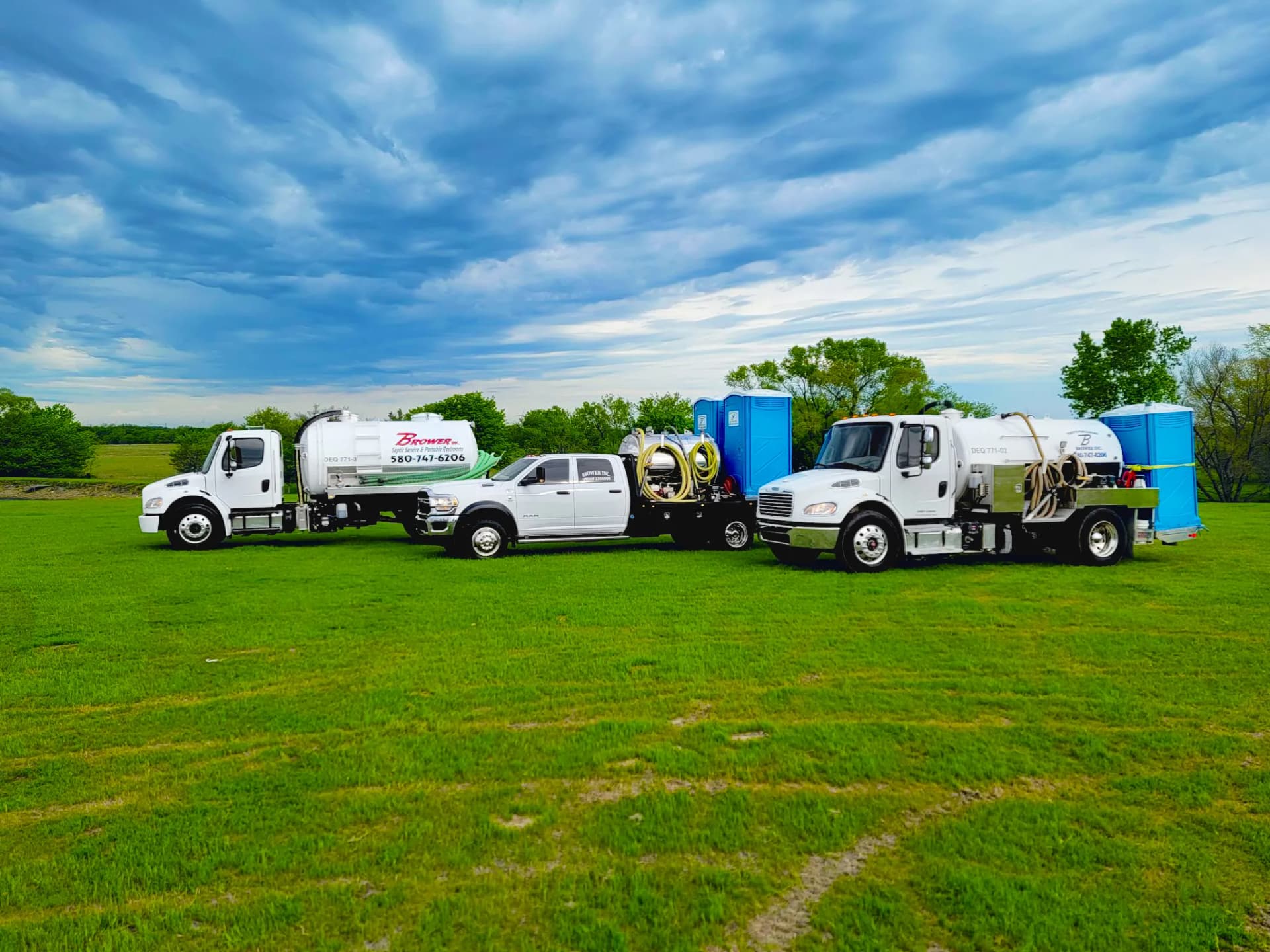 Brower Inc. full fleet of septic trucks and portable restroom delivery vehicles in Newkirk, Oklahoma