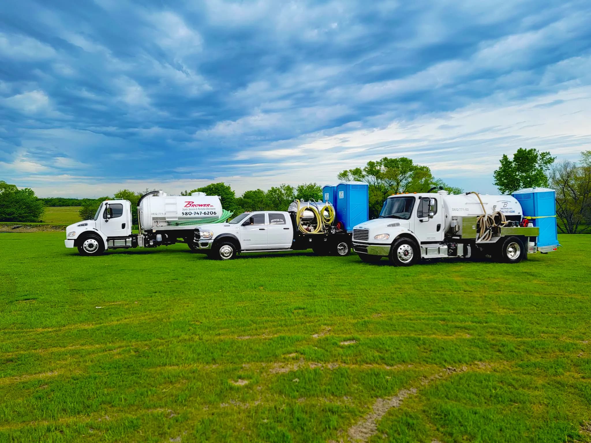 Brower Inc. fleet of portable restroom delivery trucks and septic service vehicles