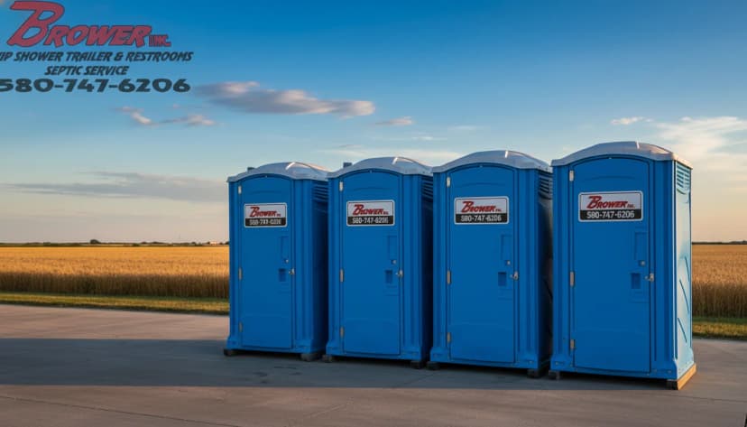 Four Brower Inc. porta potties on a concrete pad in rural Oklahoma with wheat fields and Brower Inc. branding at dusk