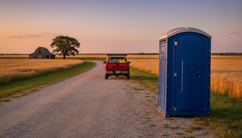 Blue porta potty beside a rural Oklahoma gravel road with a red service pickup at golden hour
