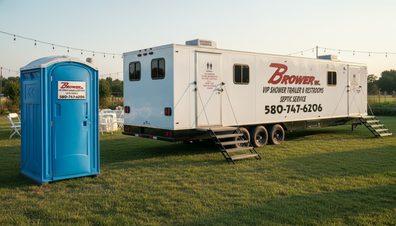 Blue Brower Inc. porta potty unit next to a white luxury restroom trailer at an outdoor Oklahoma wedding venue — side-by-side comparison cover