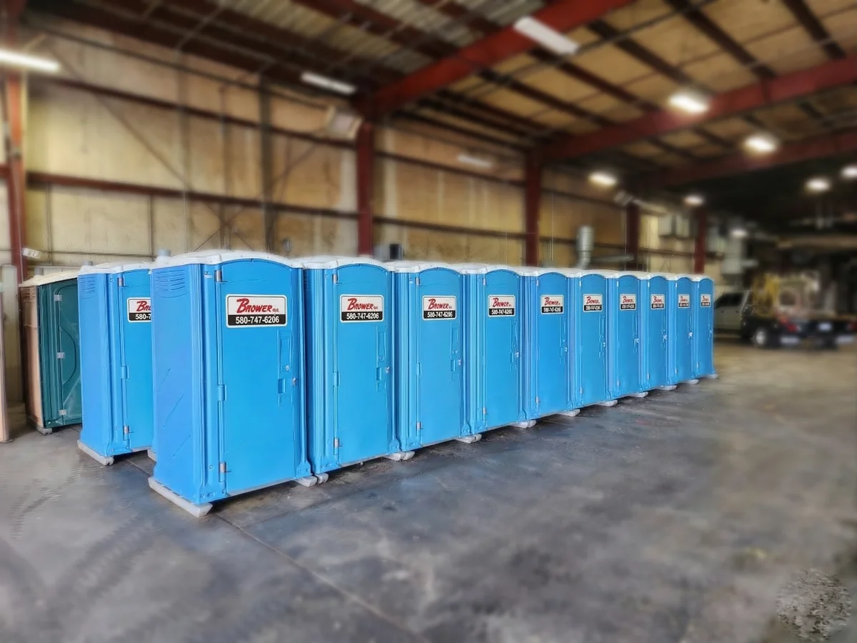 Brower Inc. portable restrooms lined up and ready for delivery in Newkirk, Oklahoma
